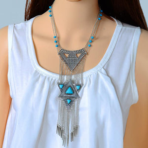 Long Tassel Retro Silver Plated Turquoise Necklace