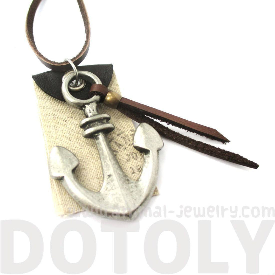 Realistic Anchor Nautical Themed Pendant Necklace in Silver with Leather Accents | DOTOLY