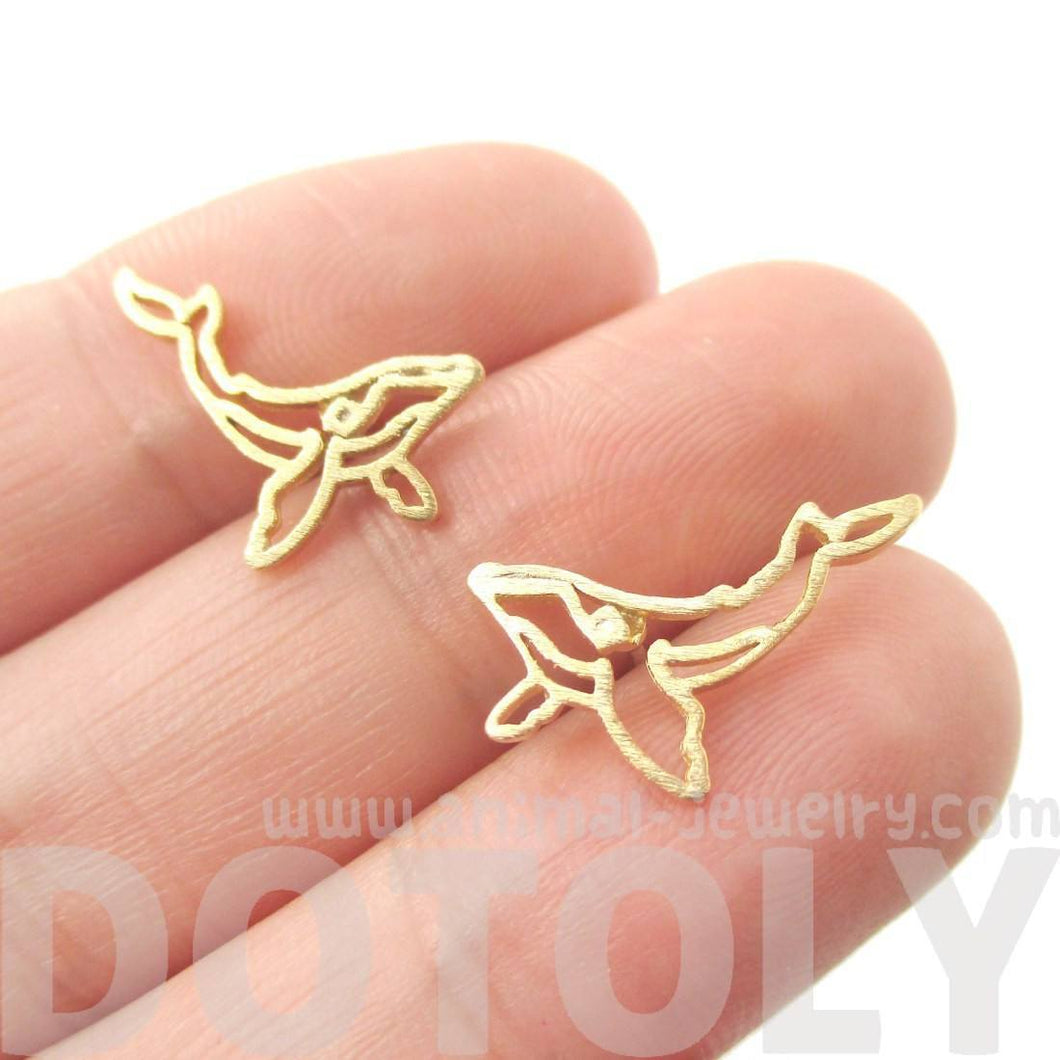 Realistic Humpback Whale Silhouette Animal Stud Earrings in Gold | DOTOLY