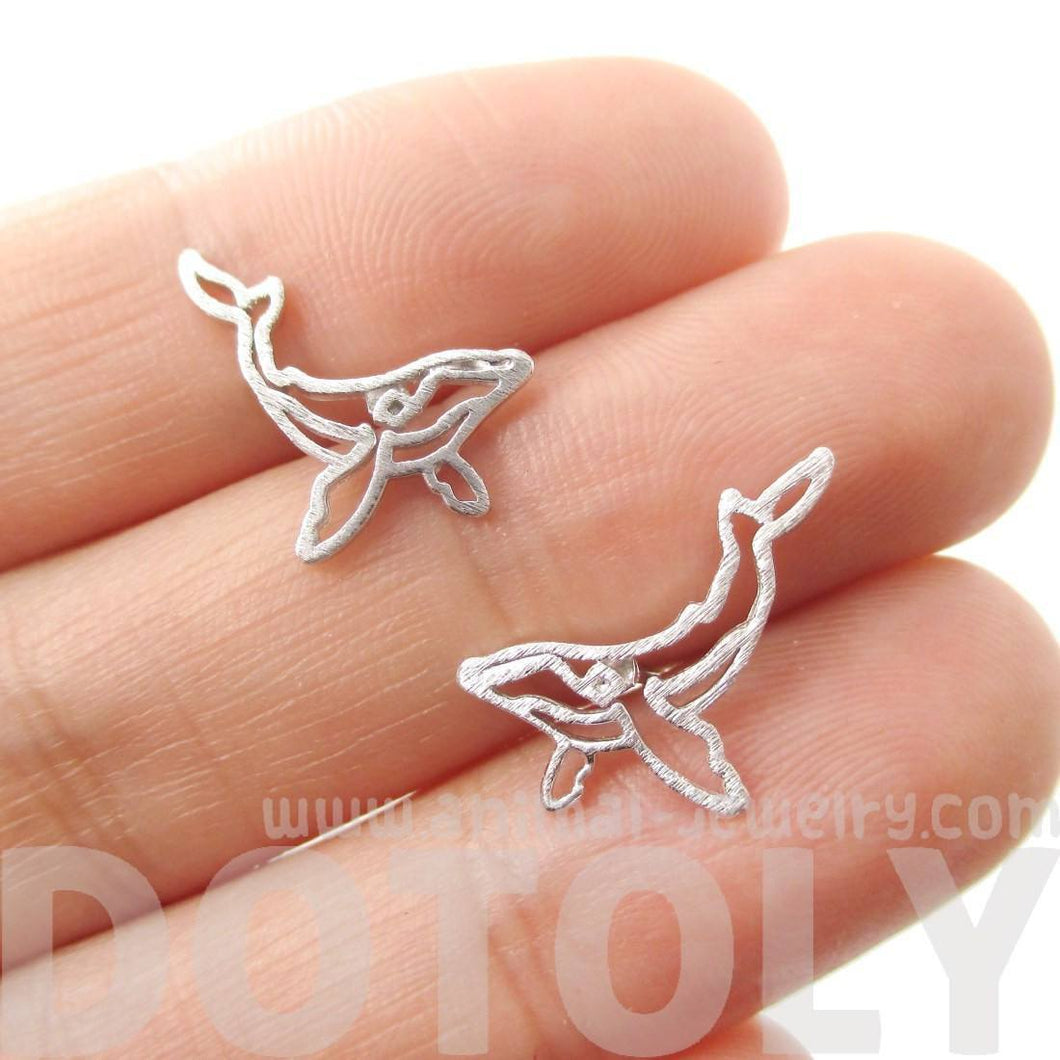 Realistic Humpback Whale Silhouette Animal Stud Earrings in Silver | DOTOLY