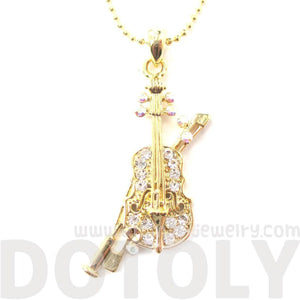 Realistic Miniature Musical Instrument Violin Shaped Pendant Necklace in Gold