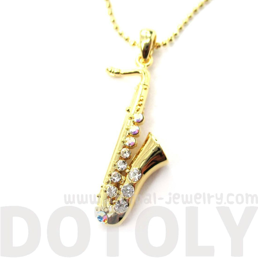 Realistic Miniature Tenor Saxophone Musical Instrument Shaped Pendant Necklace in Gold