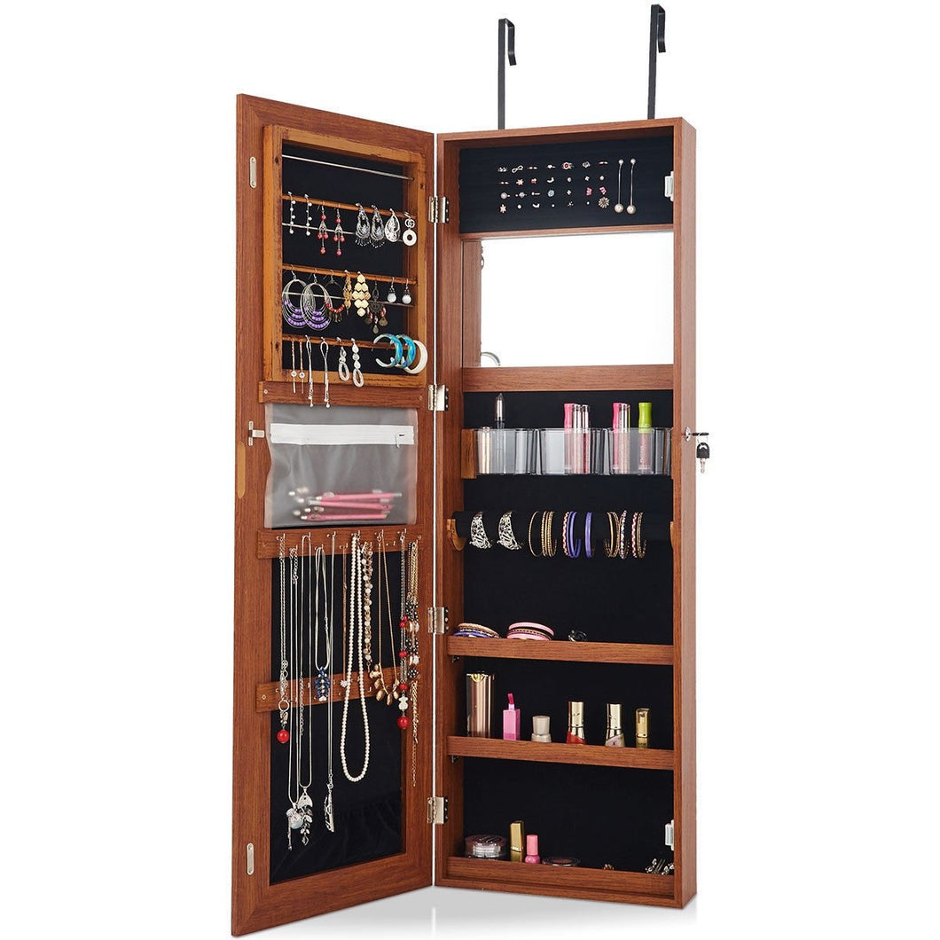 Lockable Storage Jewelry Cabinet  with Frameless Mirror-Coffee