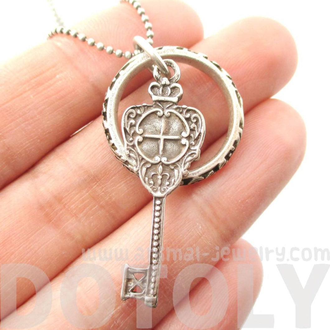 Skeleton Key and Hoop Pendant Necklace in Silver with Filigree Details | DOTOLY