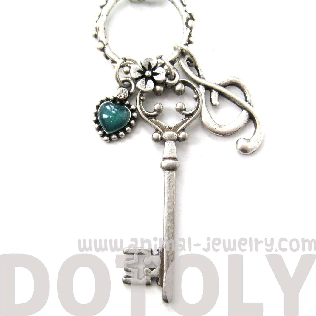Skeleton Key Heart and Treble Clef Pendant Necklace in Silver DOTOLY