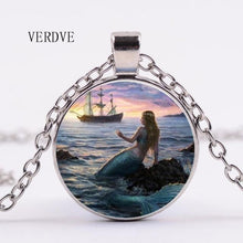 Load image into Gallery viewer, 2018 New 3 color wholesale glass dome mermaid necklace, fantasy painting jewelry, sea art cabochon glass pendant necklace