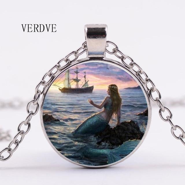 2018 New 3 color wholesale glass dome mermaid necklace, fantasy painting jewelry, sea art cabochon glass pendant necklace